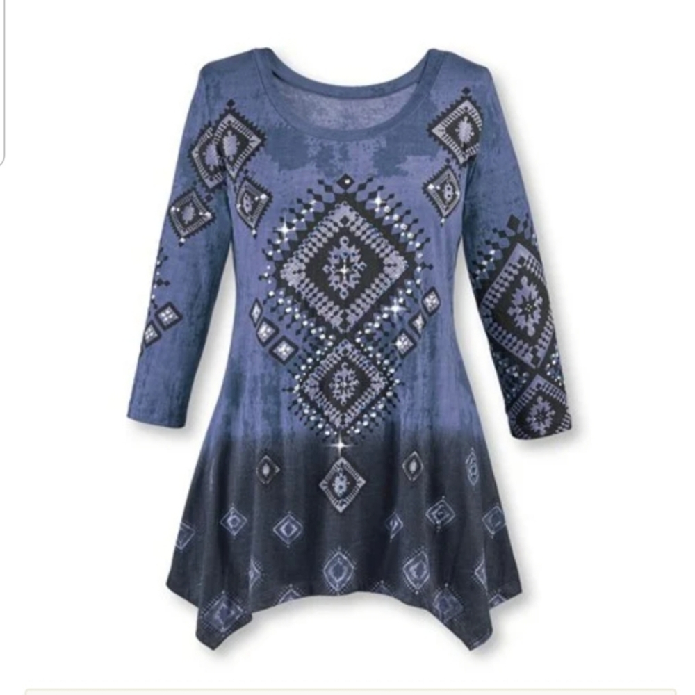 🆕️Diamond Aztec Sharkbite Tunic blue XXL